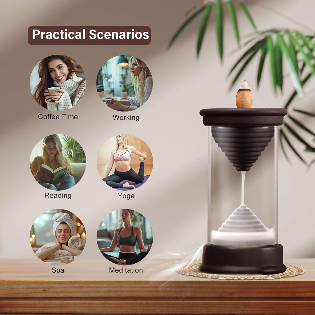 Hourglass Backflow Incense Burner Waterfall Incense Holder Bracket Glass Windproof Cover Provides 20 Counter Flow - Set of 25