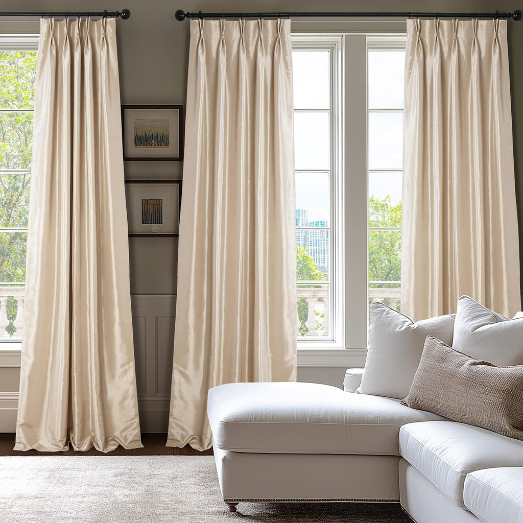 Faux Silk Taffeta Blackout Curtains 84 Inches Long (1 Panel), 25W x 84L Pleated Curtains Home Decor, Antique Beige