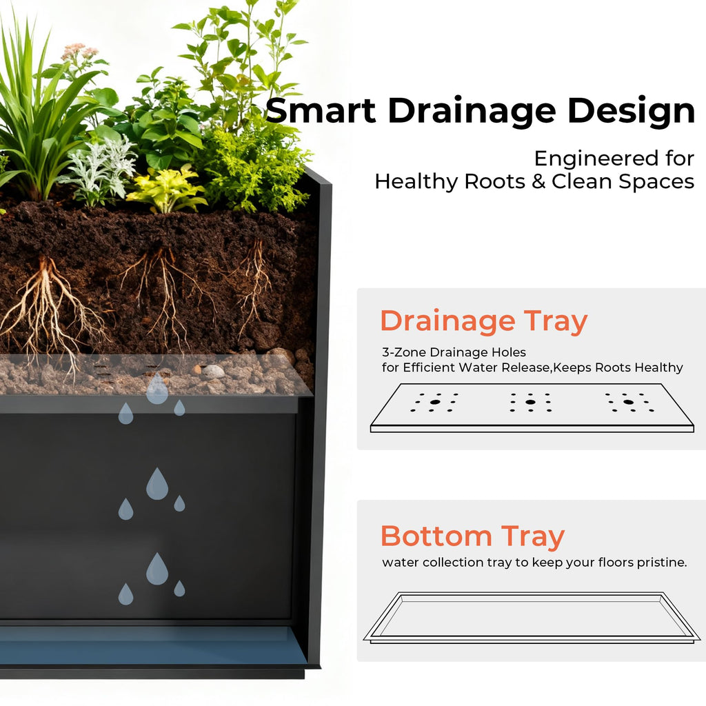 28" Galvanized Steel Planter Box, Outdoor Rectangular Tall Metal Planter with Insert Shelf & Drainage Holes, Matte
