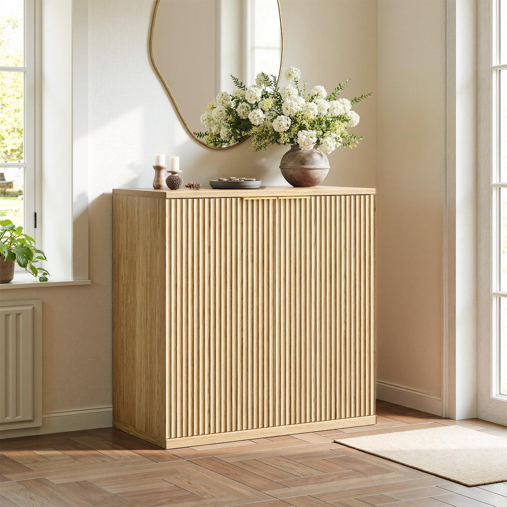 63" Oak Buffet Cabinet with Storage, Large Sideboard Cabinet, Boho Fluted Accent Credenza, and Living Room