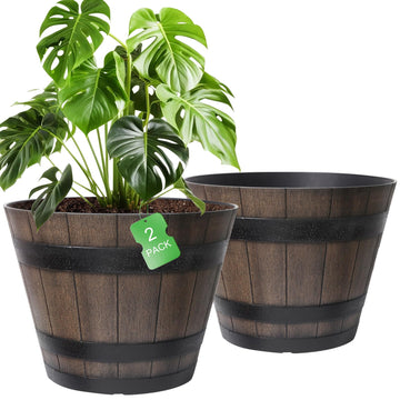 22.25 Inch Whiskey Barrel Planters 2 Pack, Large Plastic Pots Wood Design