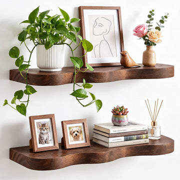 Solid Wood Floating Shelves, 15.8-Inch Wavy Wall Shelf, 2 Pack