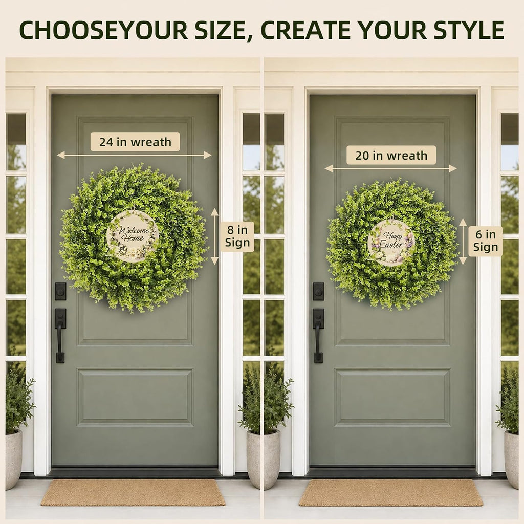 20 Inch Faux Boxwood Wreath with 3 Double-Sided Wooden Signs