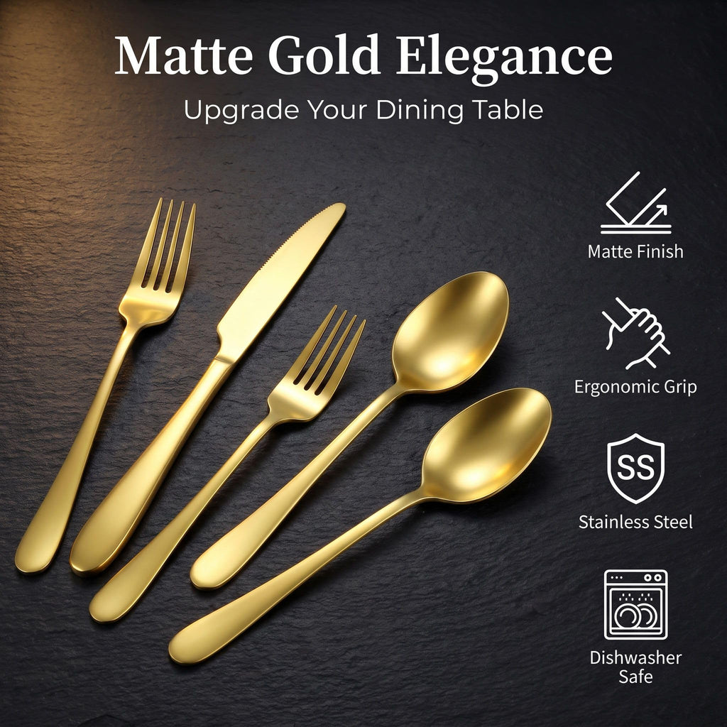40 Piece Silverware Set for 8, 18/0 Stainless Steel Gold Flatware