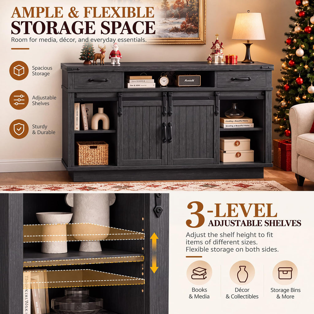 For TVs up to 65", Electric Fireplace with 3D Flame, Farmhouse LED Light Entertainment Center TV Console with with 2