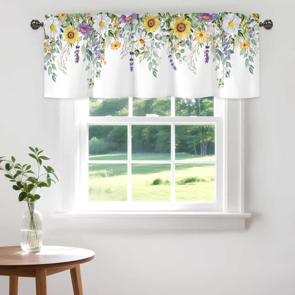 Spring Wildflower Flower Valance for Windows,Window Treatment Curtains Rod Pocket Sheer Small Short Valance for