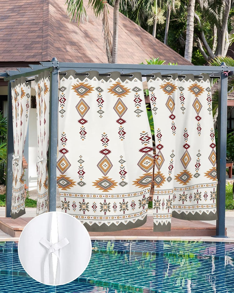 Outdoor Curtains Waterproof, Vintage Southwest Gray Boho Geometric Tribal Style Grommet Weatherproof Privacy Outsides