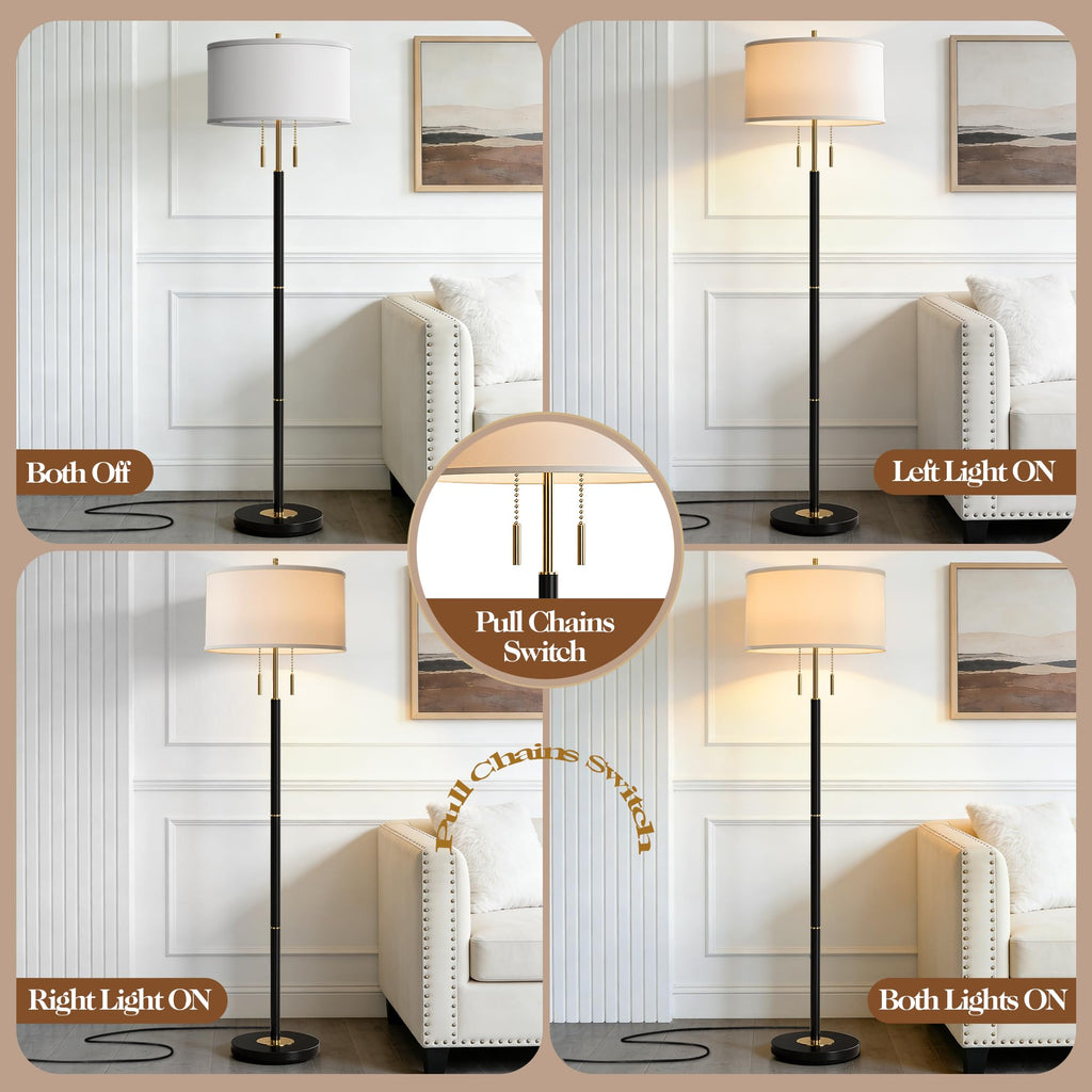 2-Light Mid Century Modern Floor Lamp, Standing Lamp with Fabric Shade and Pull Chain Switch, Tall Floor Lamp Corner