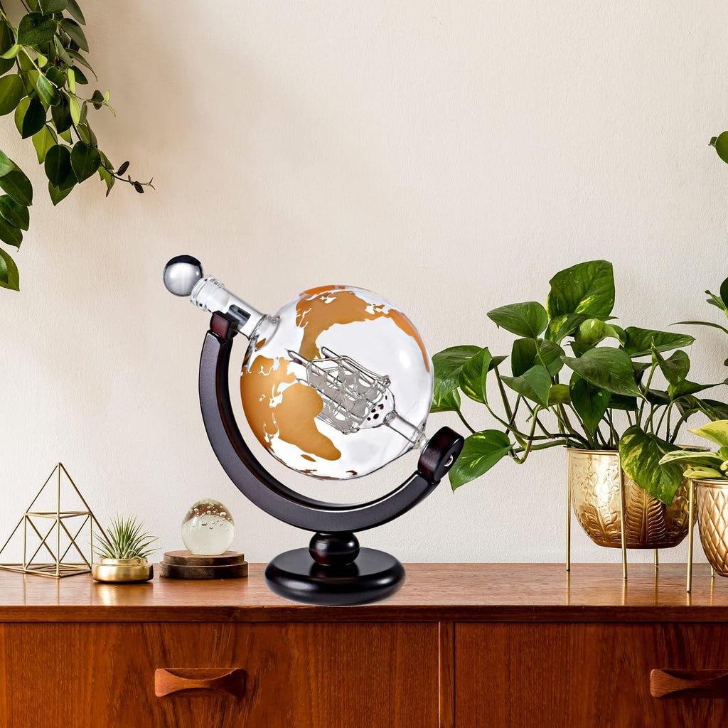 Whiskey Decanter Globe Gift Set - Rich Base Tray - Gold Whiskey Dispenser Airtight Stopper for Wine, Bourbon, Brandy