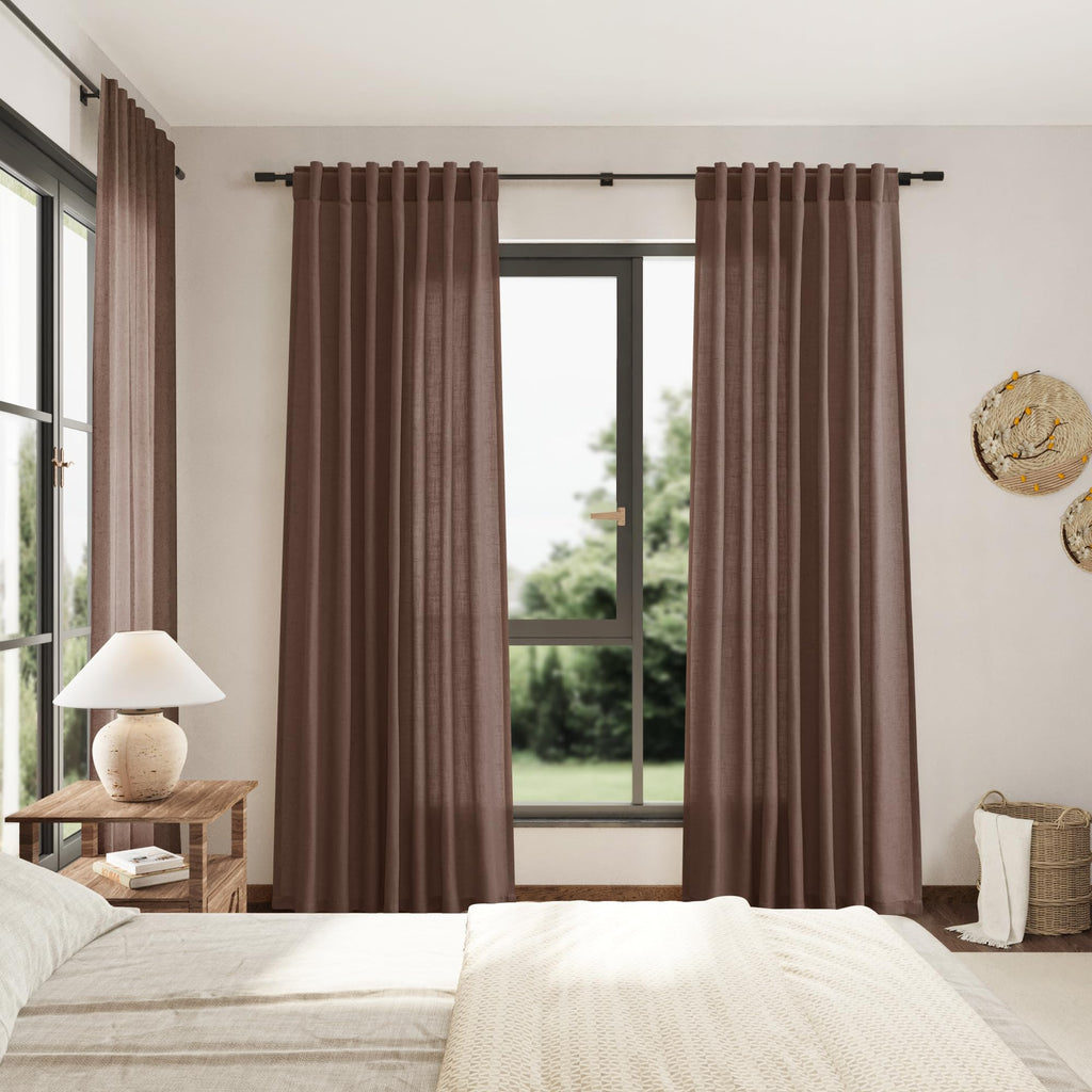 Mocha Mousse Curtains 84 Inch Length 2 Panels Set Back Tab Rod Pocke tLinen Blend Light Filtering Semi Sheer Textured