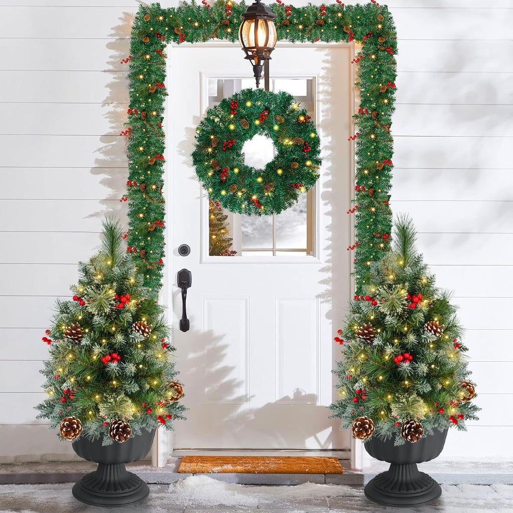 Christmas Tree Urn Filler with Timer, Pre-lit Warm White & Multi-Color Changing LED Lights, Artificial Xmas Tree