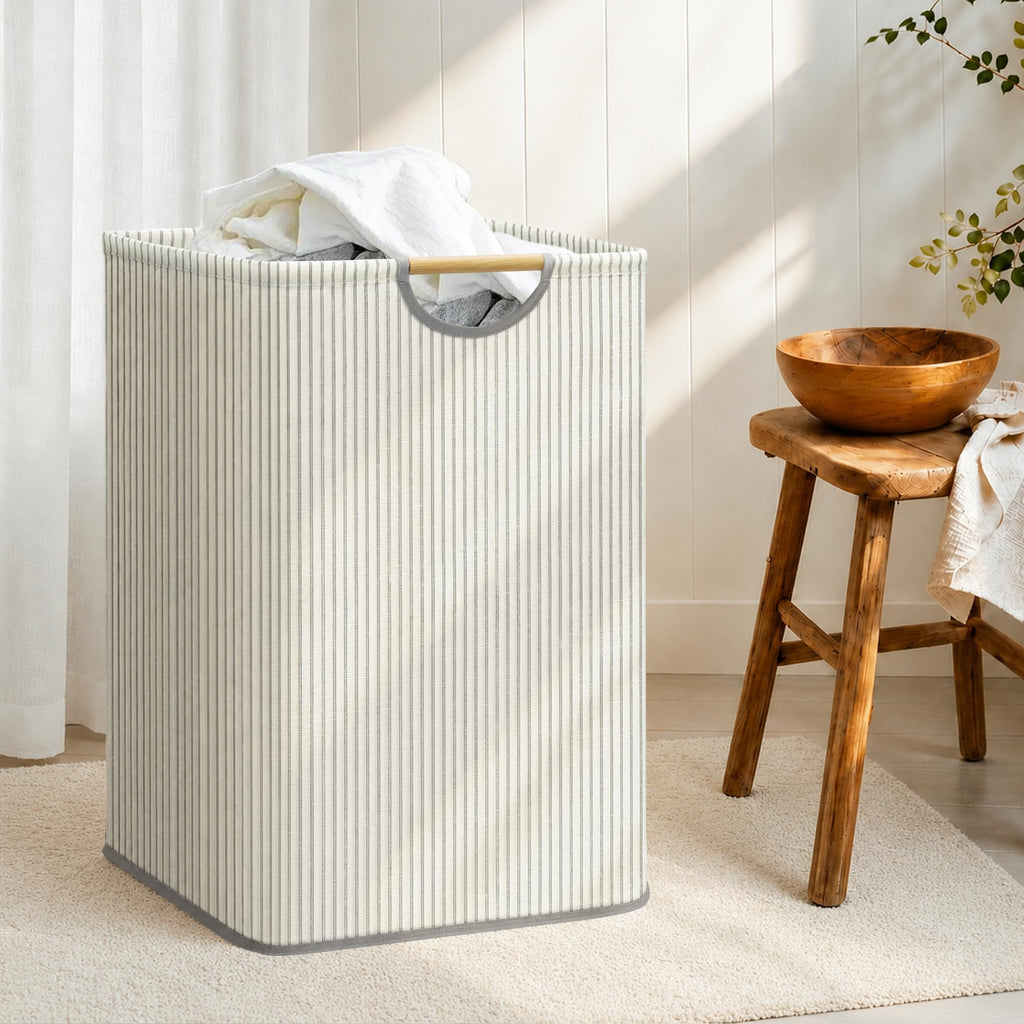 2-Pack Collapsible Laundry Hamper with Bamboo Handle, Stripe