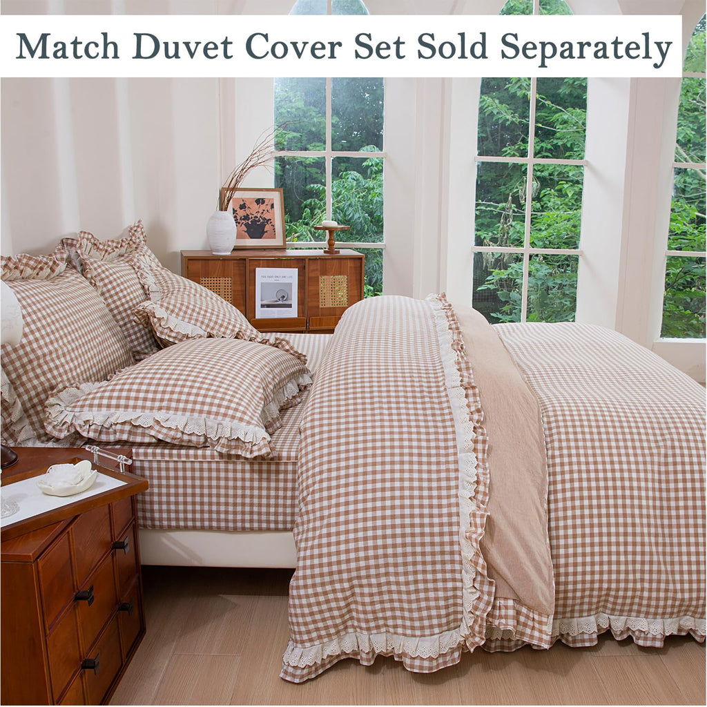 100% Washed Cotton Sheet Set, Taupe Gingham Ruffle, 4 Pieces