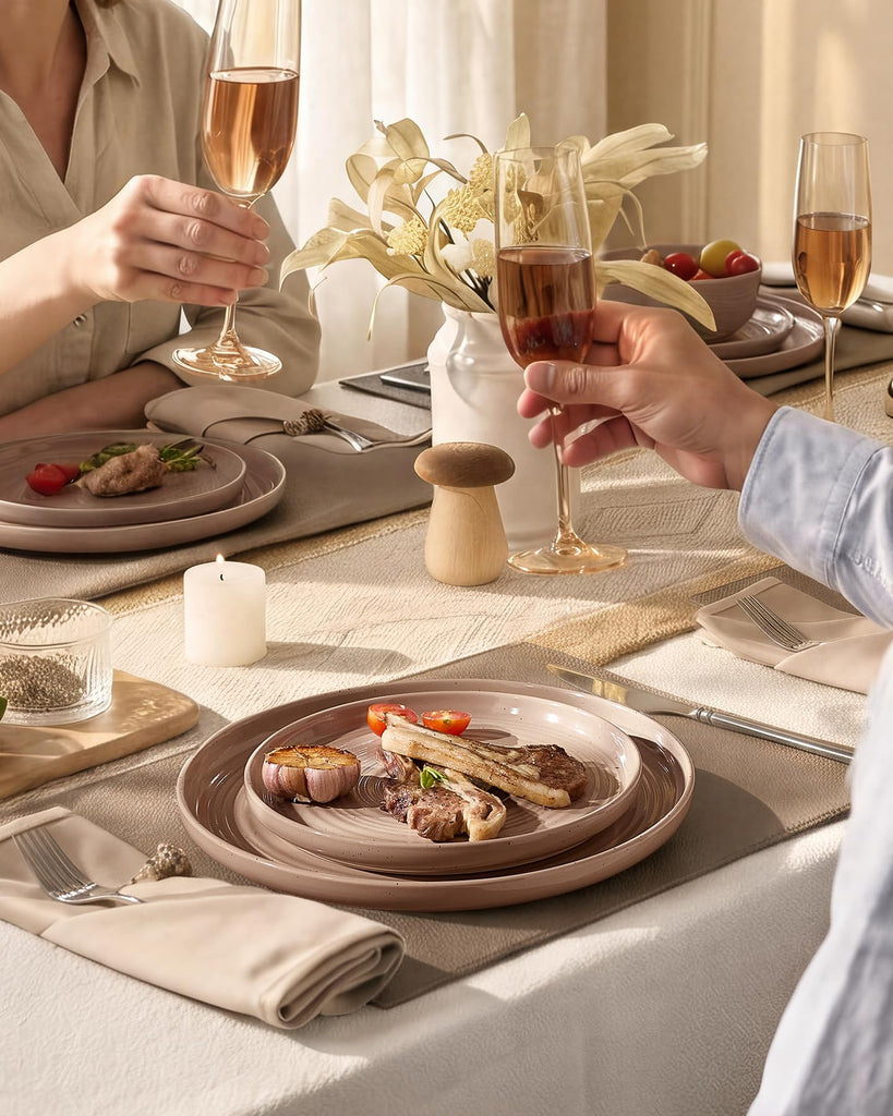 Stoneware Dinnerware Sets for 4, Plates and Bowls, Brown