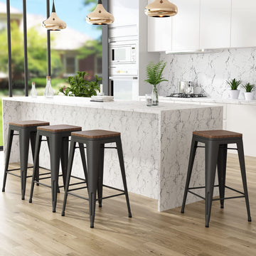 Bar Stools Set of 4 Stackable Metal Bar Stools Industrial Counter Height Stools Backless Barstools with Wooden Seats