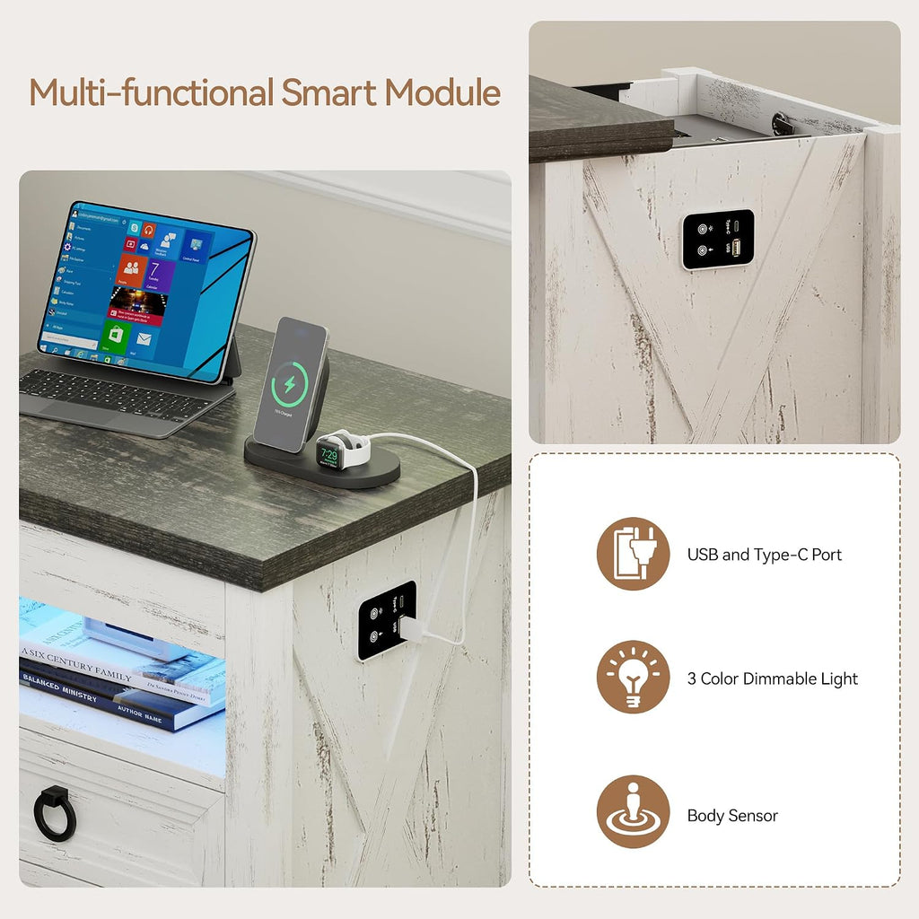 Farmhouse Nightstand with Gun Drawer Set of 2, Human Sensor LED Bedside Table with LED Lights & Charging Station
