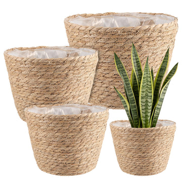 Set of 4 Seagrass Planter Basket, 6" 7" 9" 10" Hand Woven Plant Basket with Waterproof Plastic Liner, Round Natural