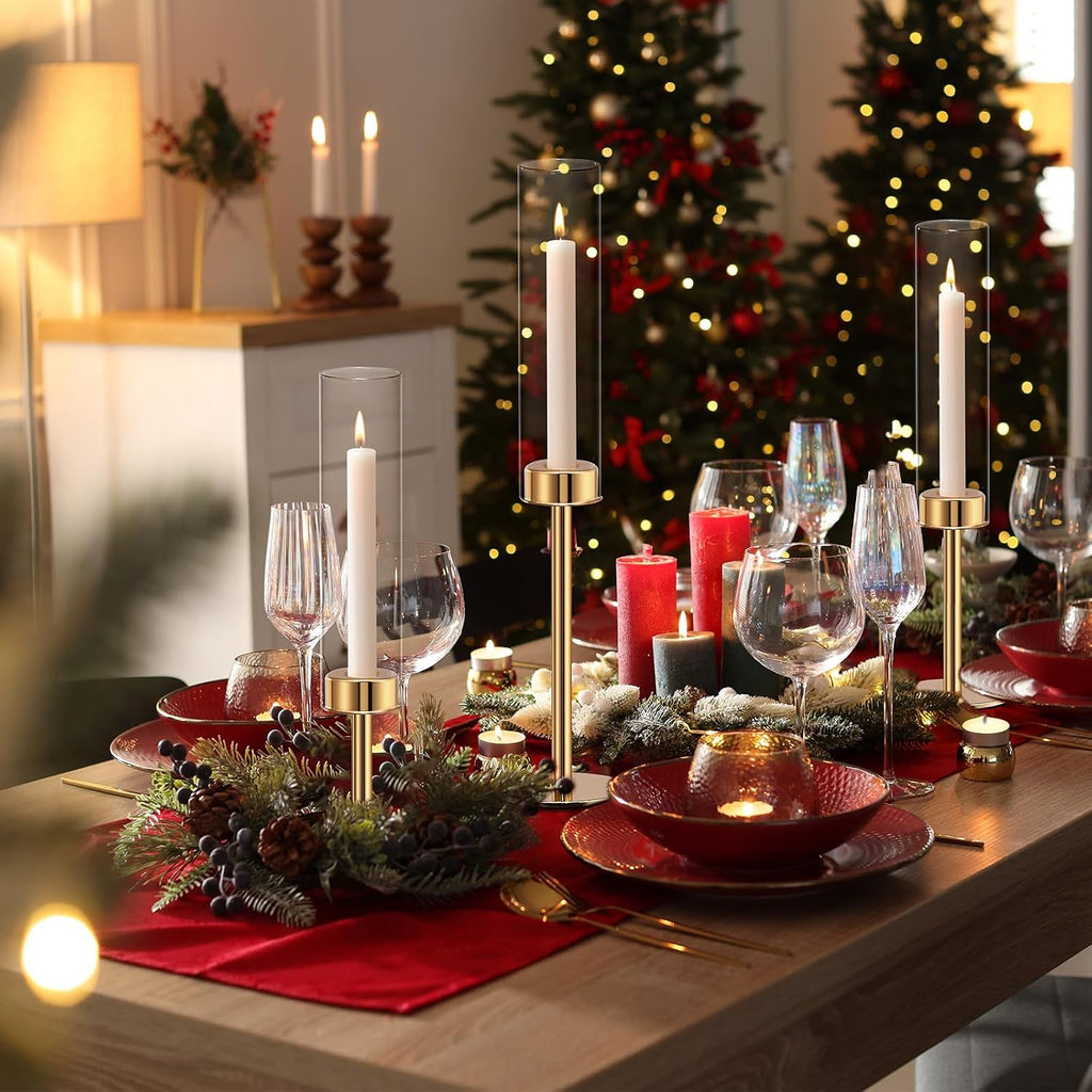 Gold Hurricane Glass Candle Holders Set of 6 Brass Taper Candlestick Holder | Windproof Flameless Candle Holder, Tall