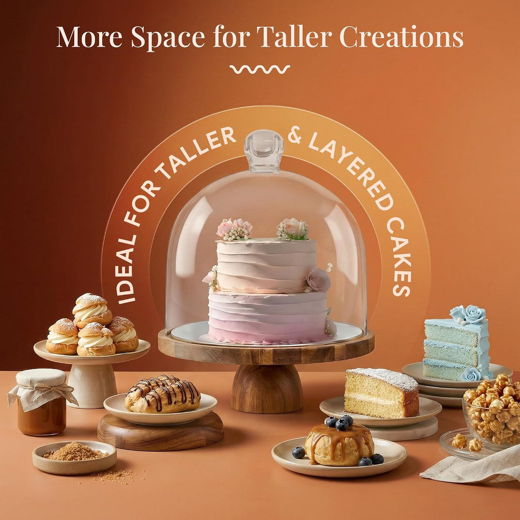 High Dome Acacia Wood Cake Stand with Lid - 12 in Round Cake Holder with Tall Acrylic Cloche Cover, 2in1 Dessert