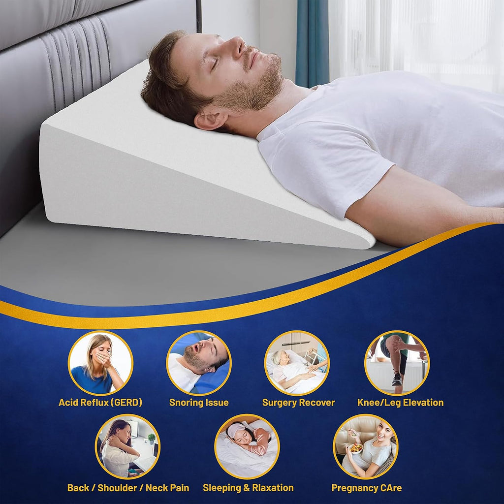Elevated Bed Wedge Pillow for Back Support, Acid Reflux, Leg, Neck Pain, Snoring, Triangle Pilow | Incline Shape for
