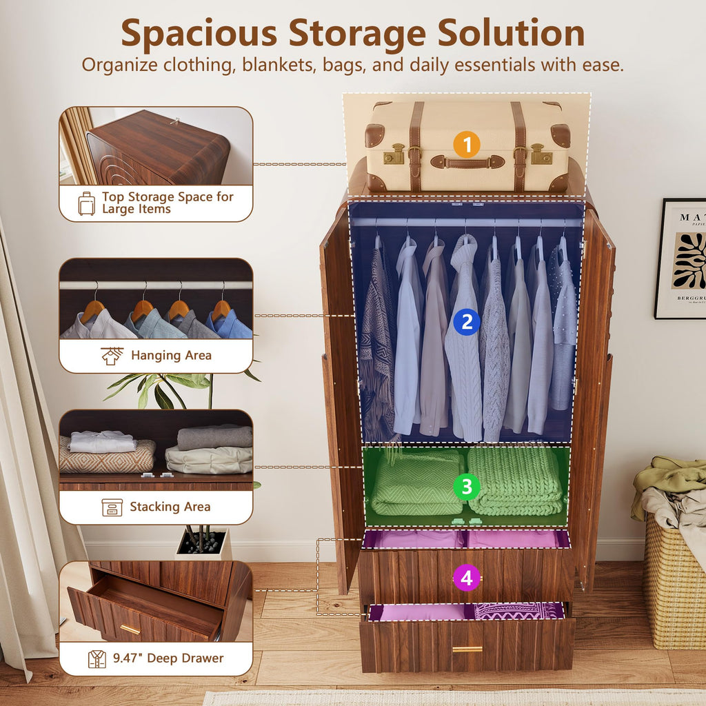 Freestanding Armoire Wardrobe Closet with Arched Fluted 2 Doors and 2 Storage Drawers, Large Capacity Wardrobe