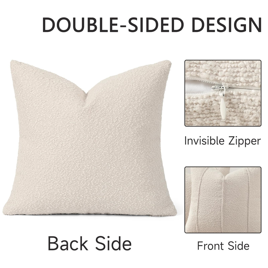 Textured Boucle Throw Pillow Covers 18x18 Pack of 2 - Soft Neutral Striped Cushion Covers, Cozy Accent Decorative