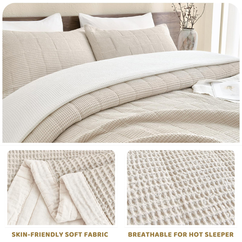 Cotton Bedspread(120"x120"), Wheat Waffle Weave Quilt Set 3Pcs Soft Lightweight Farmhouse Oversized