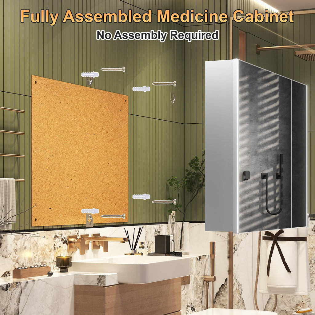36x28 Medicine Cabinet Mirror with Lights, Fully Assembled Lighted Medicine Cabinets, Surface Mount Large Silver LED