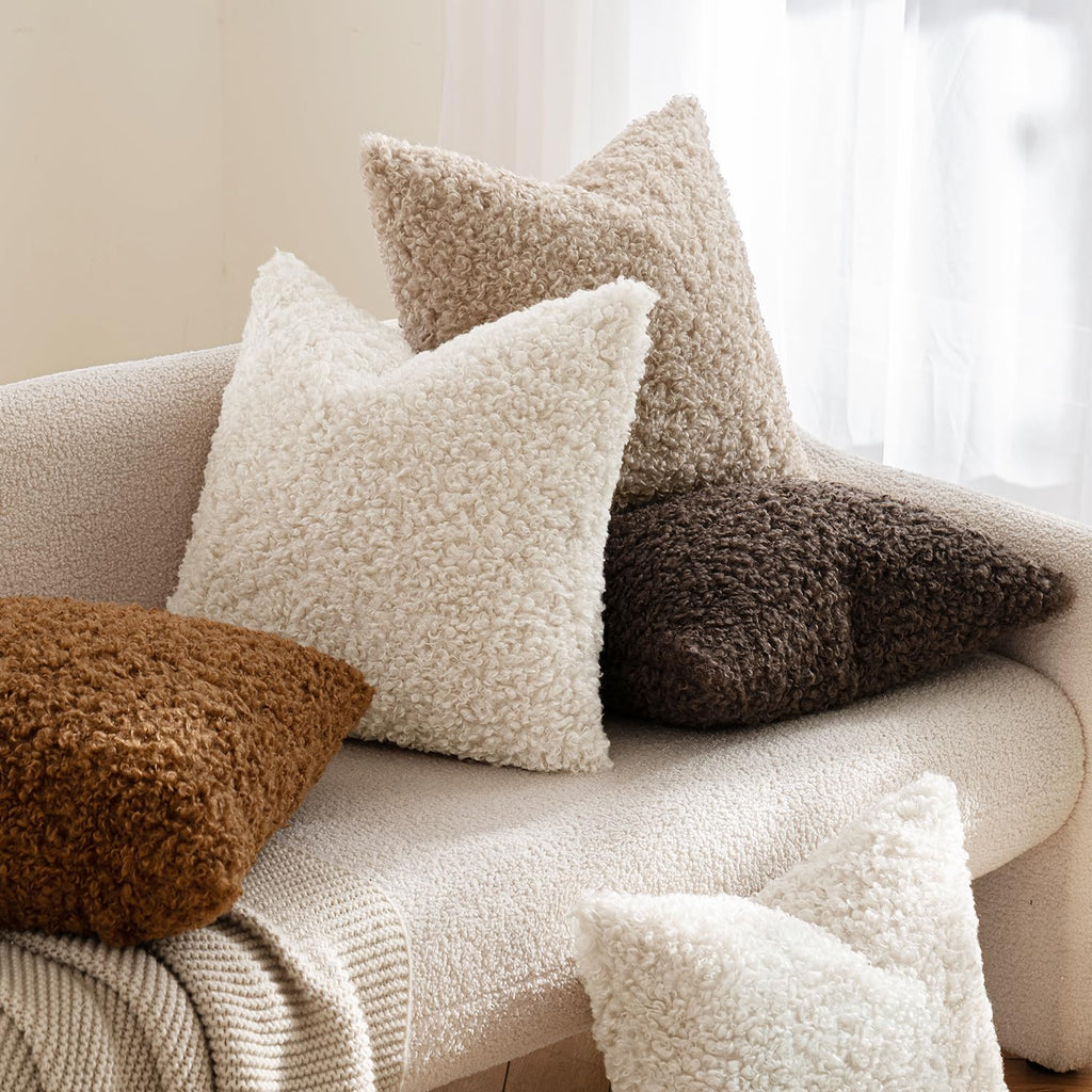 Decorative Faux Fur Pillow Covers Euro Sherpa 22x22 Neutral White