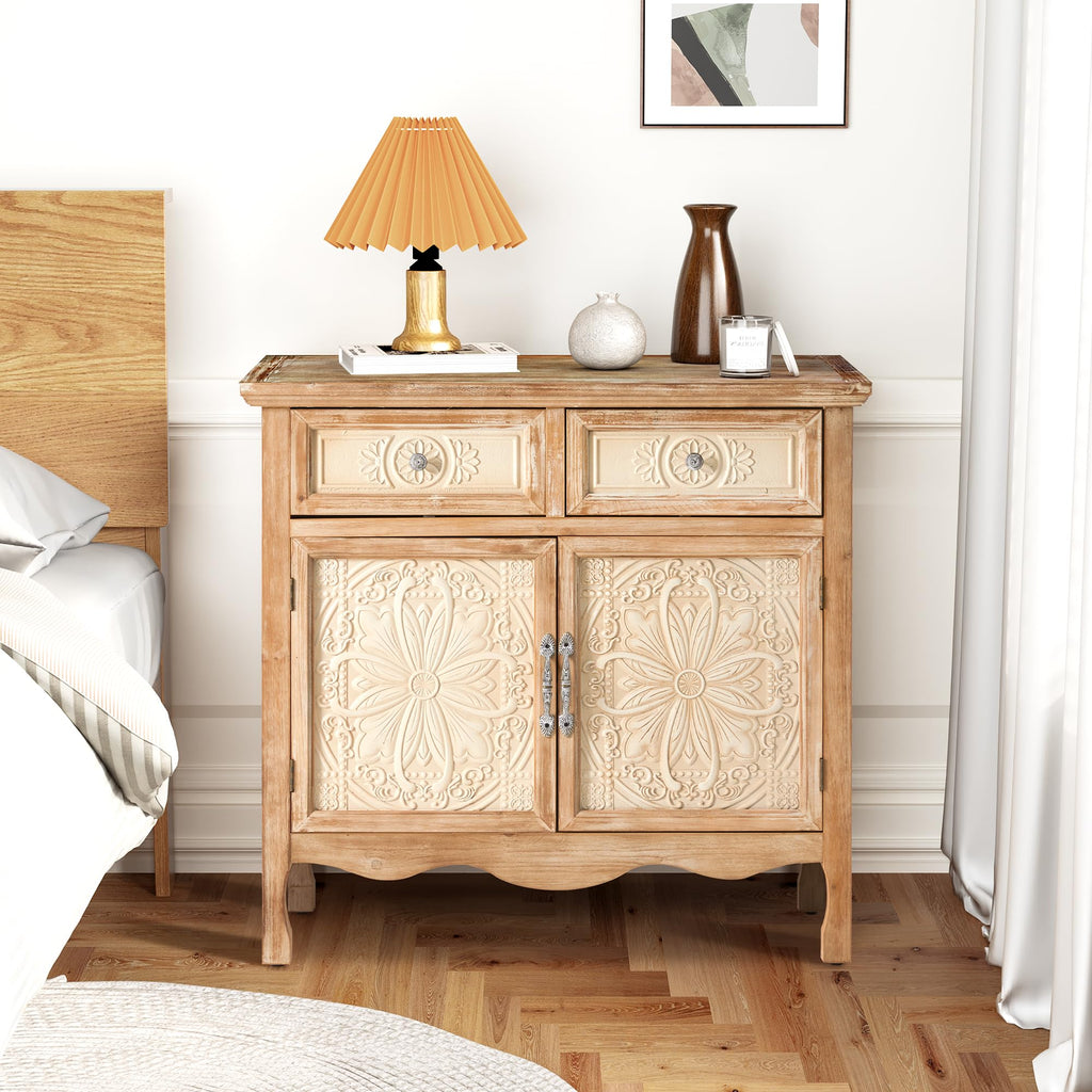 Sideboard Buffet Cabinet, Solid Wood Accent Cabinet with 2 Carved Doors and 2 Drawers, Vintage Credenza, Natural Oak