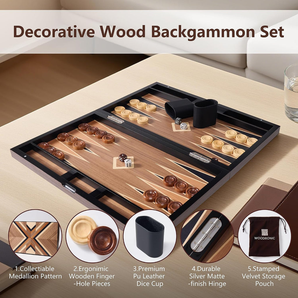 Wooden Backgammon Set for Adults - 19 Inch Classic Board Game Case - Premium Folding Backgammon Set with Wooded