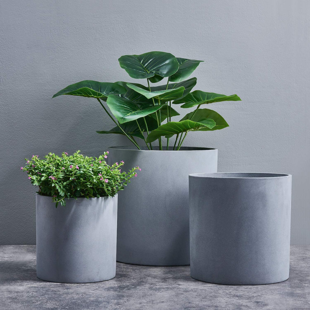 8 Inch Fiberstone Planter - Lightweight Modern Cylinder Plant Pot with Drainage Hole & Plug, Authentic Concrete Look