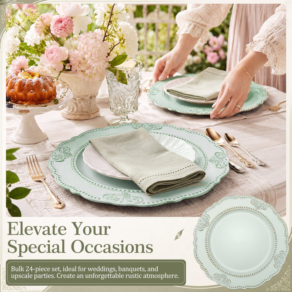 24 Pack Faux Wood Charger Plates 13 Inch Farmhouse, Green, Flower