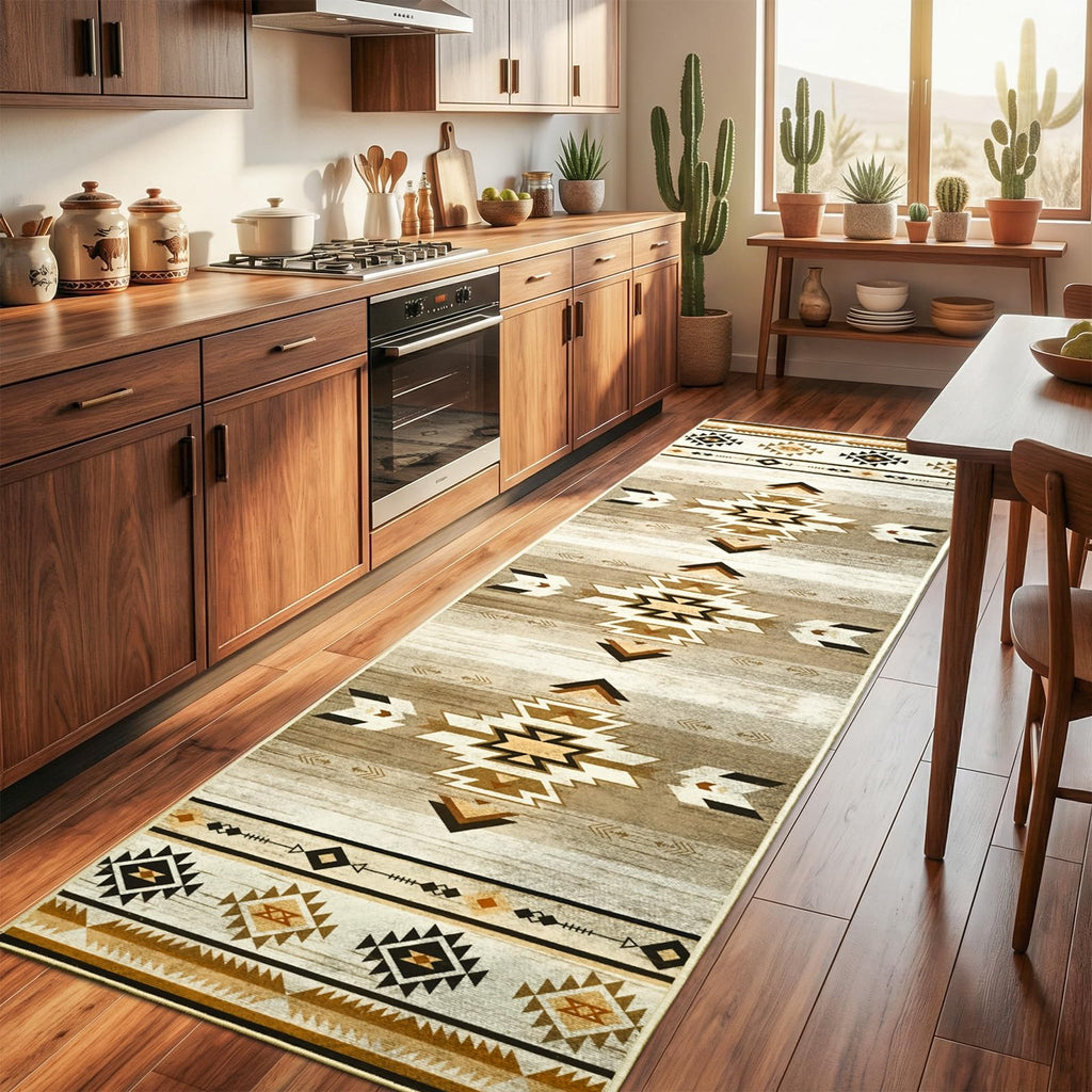 Western Hallway Runner Rug, Washable, Beige Brown