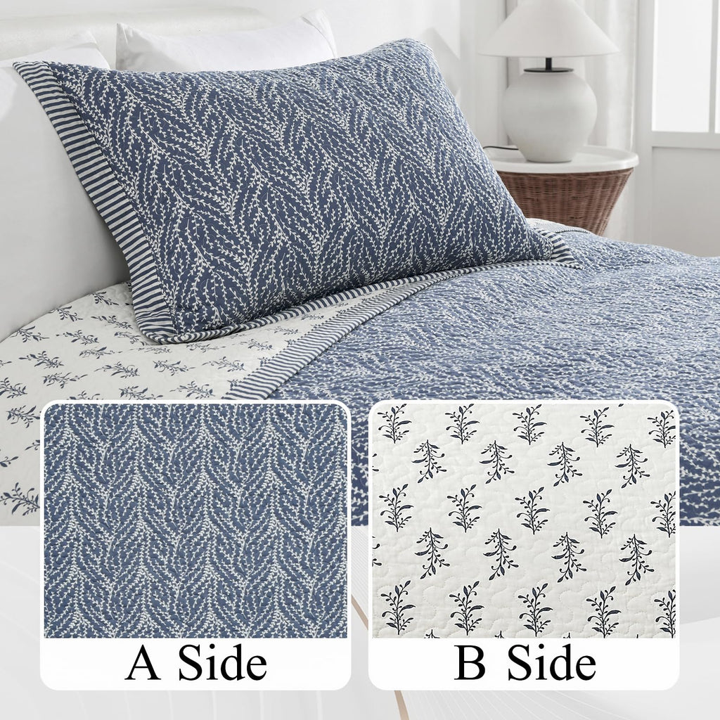 Quilt Set, 100% Cotton Quilt Bedding Set Bedspread, Botanical Pattern Solid Color Chic Lightweight Quilted