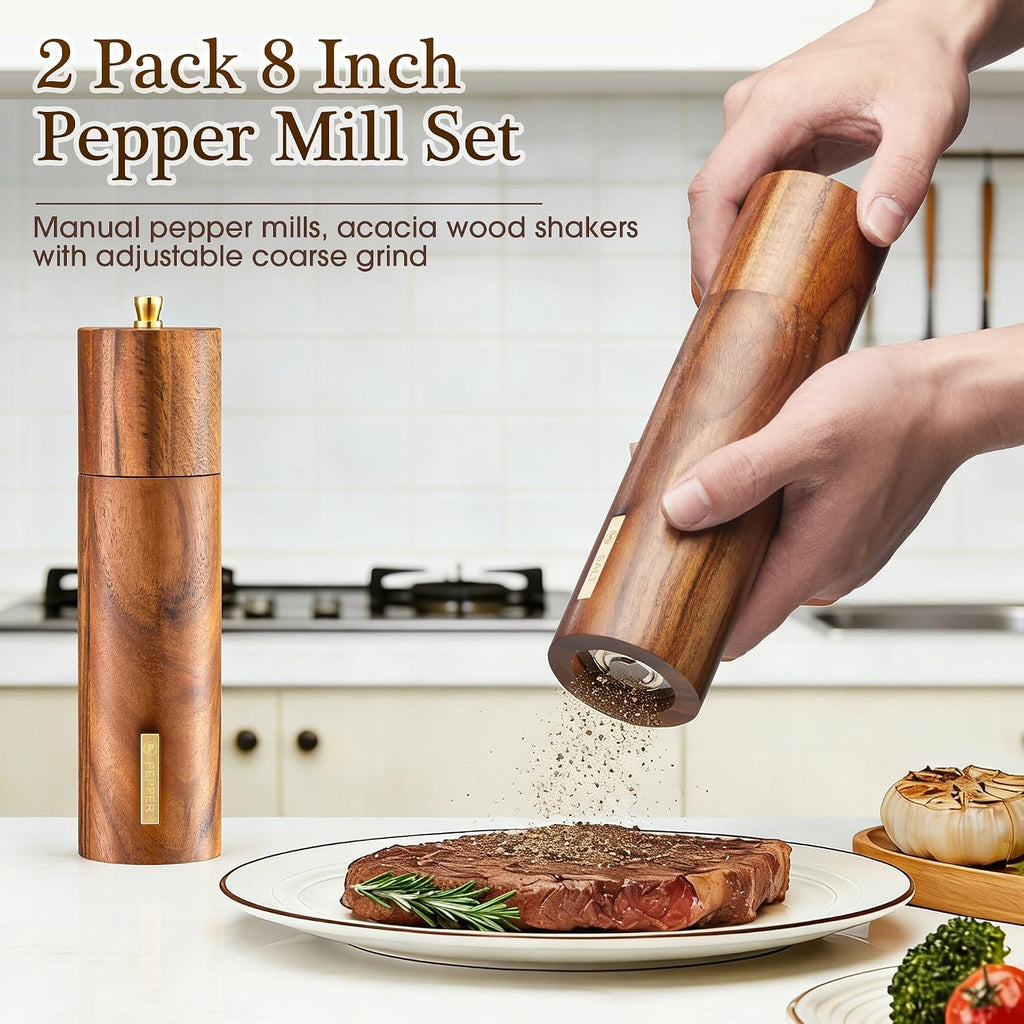 Acacia Wooden Salt and Pepper Grinder Set with Gold Label, Premium 8 Inches salt and pepper shakers, Manual - Set of 2