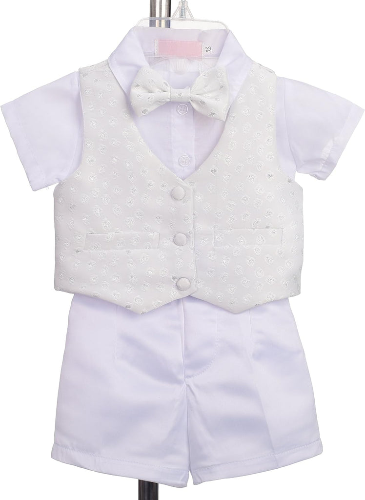 Infant Baby Boys' Christening Clothing Baptism Outfit 5 Pieces Suit Set with Bonnet, Short Sleeves, Ivory White
