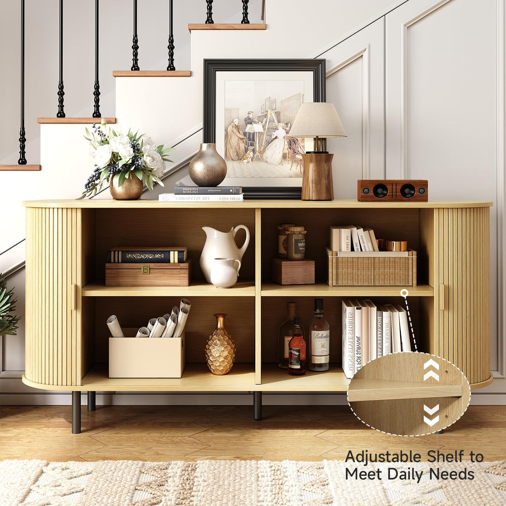 63" Sideboard Buffet Cabinet, Sliding Door/Adjustable Shelf, Oak
