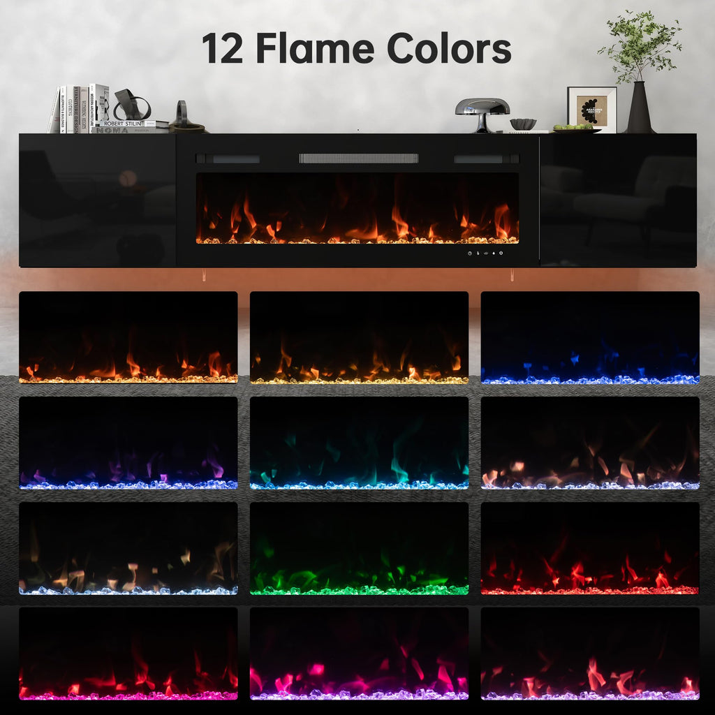 80" Floating TV Stand with 40" Electric Fireplace, All Black