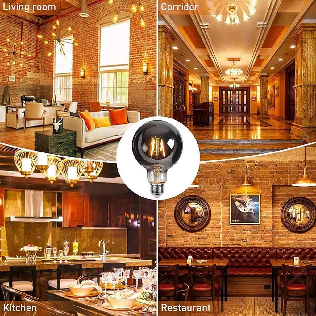 G95 LED Globe Light Bulbs, 2700K Warm White Globe Led Edison Bulb, 40W Equivalent, E26 Base, 75LM/W, Smoky Grey Glass