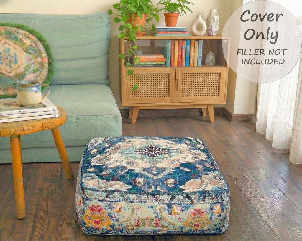 Blue Square Floor Pillow Cover Large Yoga Décor Cushion Moroccan Pouf Ottoman Boho Furniture