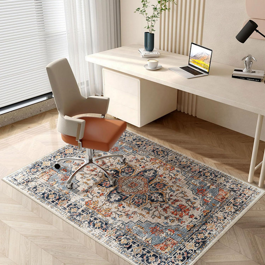 Area Rugs Washable Non-Slip, Floral Vintage Distress Print Pattern Medallion Carpet Bedroom Dining Room, Beige Navy