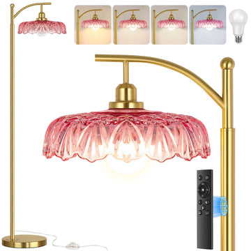 Gold Floor Lamp, Dimmable Mid Century Modern Standing Lamp with Remote Control and Pink Glass Shade, 68" Tall Lamp