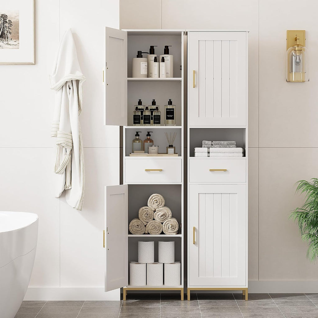 67" H Bathroom Storage Cabinet, Tall Bathroom Cabinet, White | Narrow Cabinet with Doors and Drawer, Adjustable