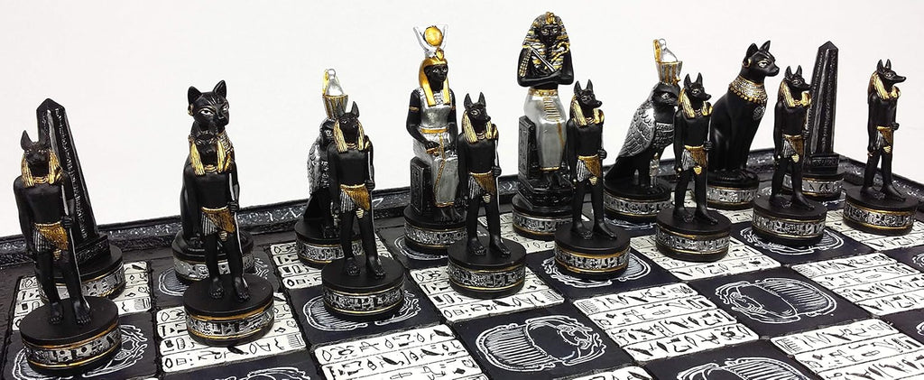 Egyptian Anubis Chess Set Black Silver and Gold Men with 16" Hieroglyphic Board