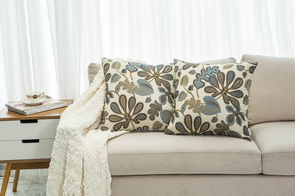 Set of 2 Jacquard Tropical Leaf Pattern Throw Pillow Covers Decorative Pillowcase 20x20 Inches, Blue Cream