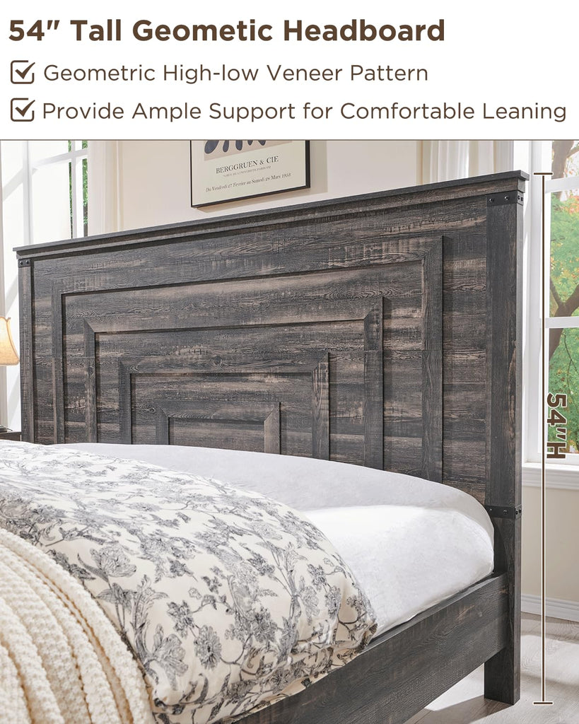 54" Tall Farmhouse Wood Bed Frame with Headboard, Dark Rustic Oak