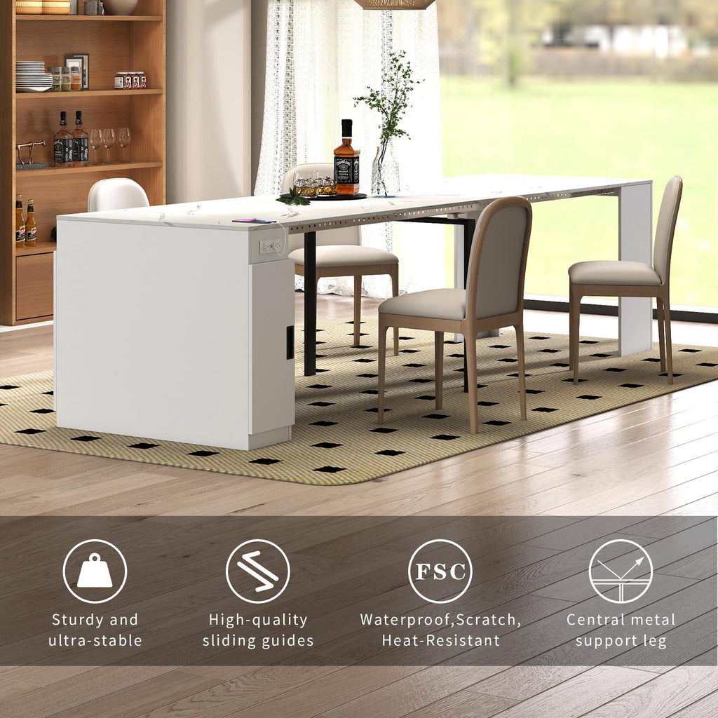 Expandable Dining Table, Folding Console Table with Built-in Outlet & Hidden Storage, Space Saving Furniture, White