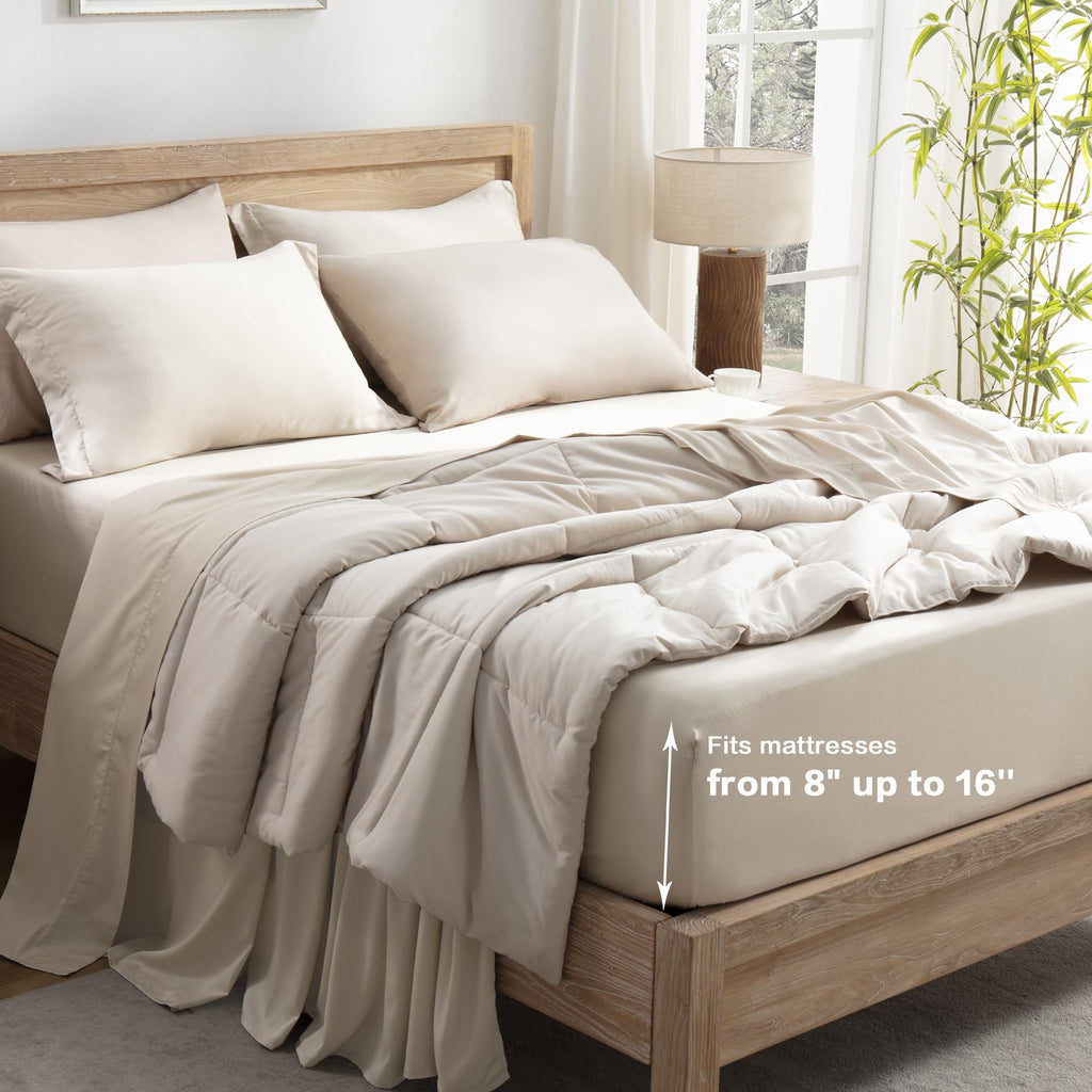 Queen Sheets Set 100% Viscose Derived from Bamboo, Oatmeal