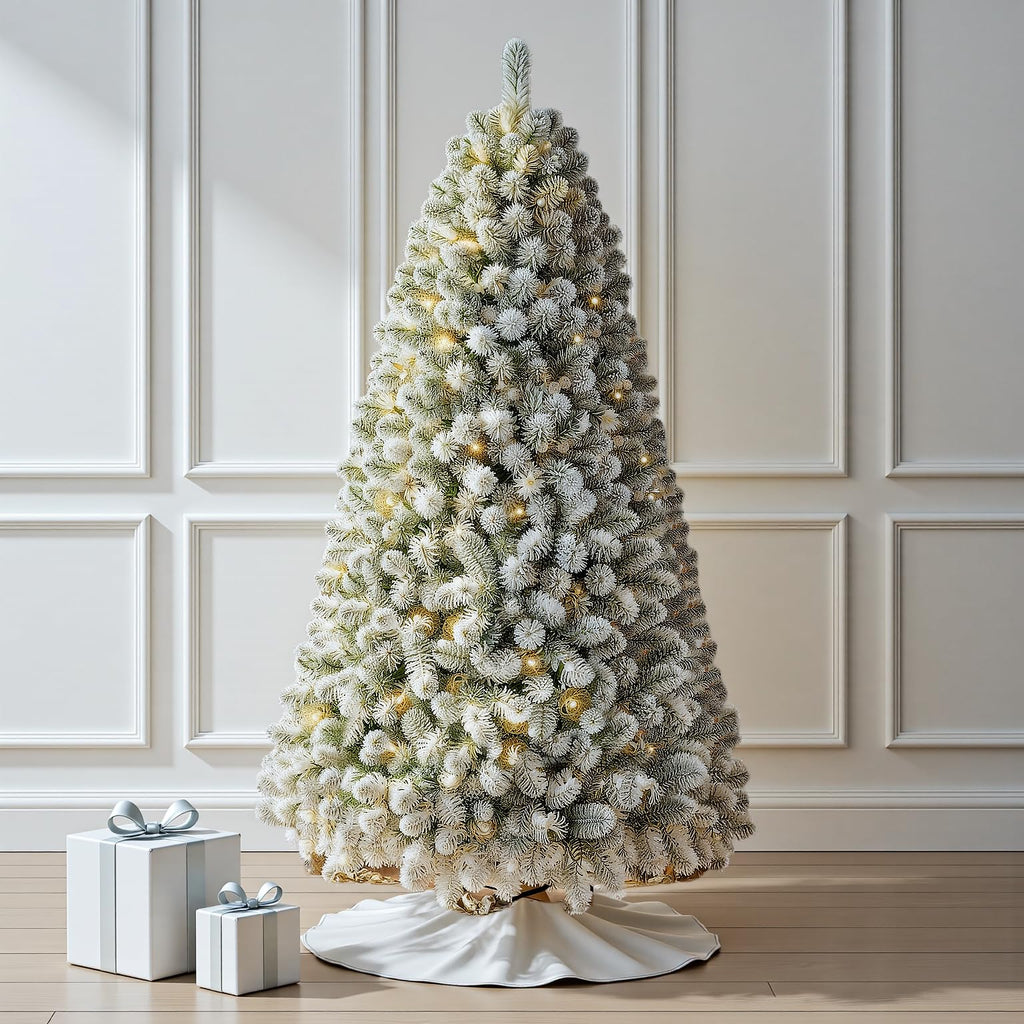 7.5 FT Pre-lit Snow Flocked Christmas Tree Spruce with Remote Control, 350 Warm White Multi-Color Changing LED